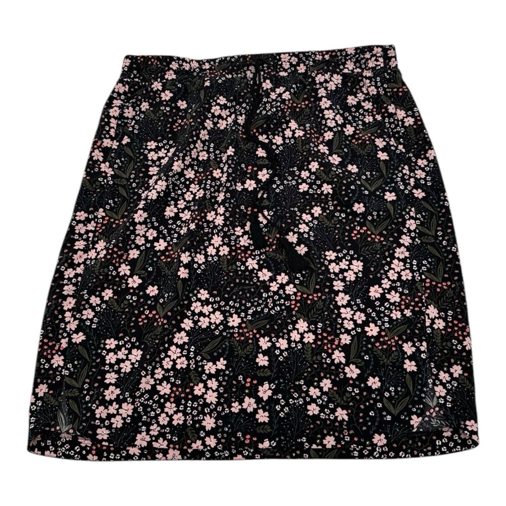 Ann Taylor Loft Skirt Large Black Pink Ditsy Floral A-Line Pull On Knee Length